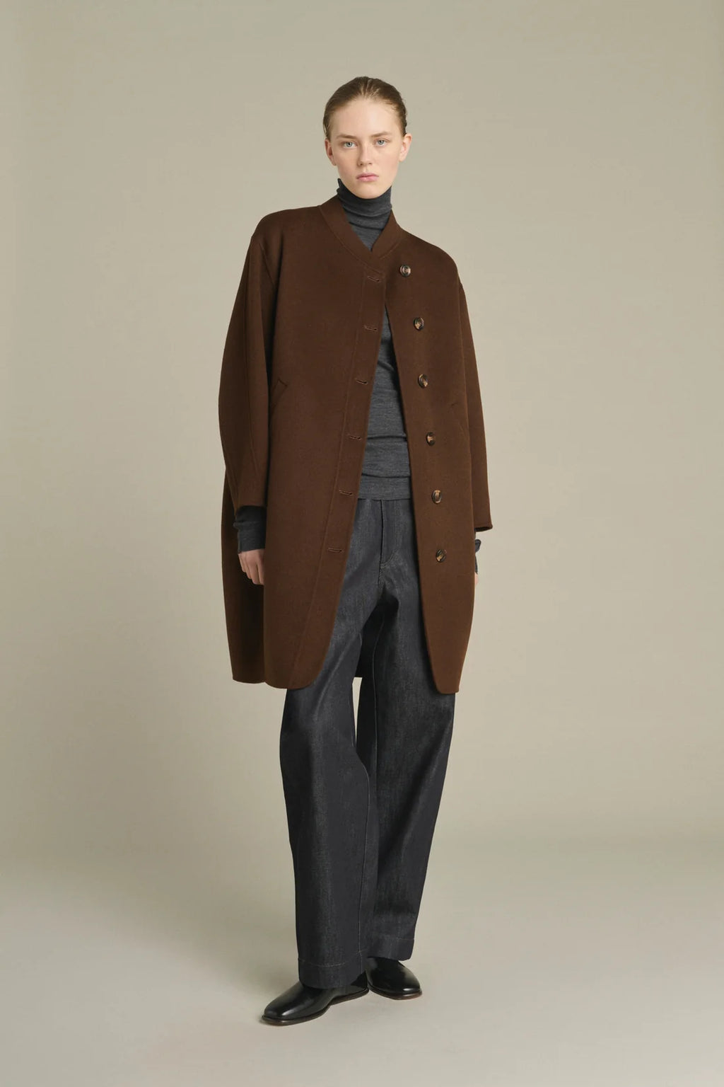SOEUR - Manteau rond en laine double face Beaulieu chocolat
