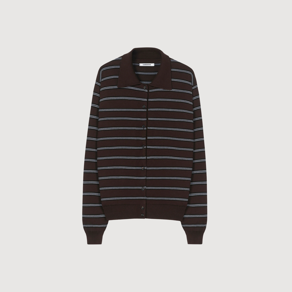 CORDERA - Organic cotton striped polo cardigan brown