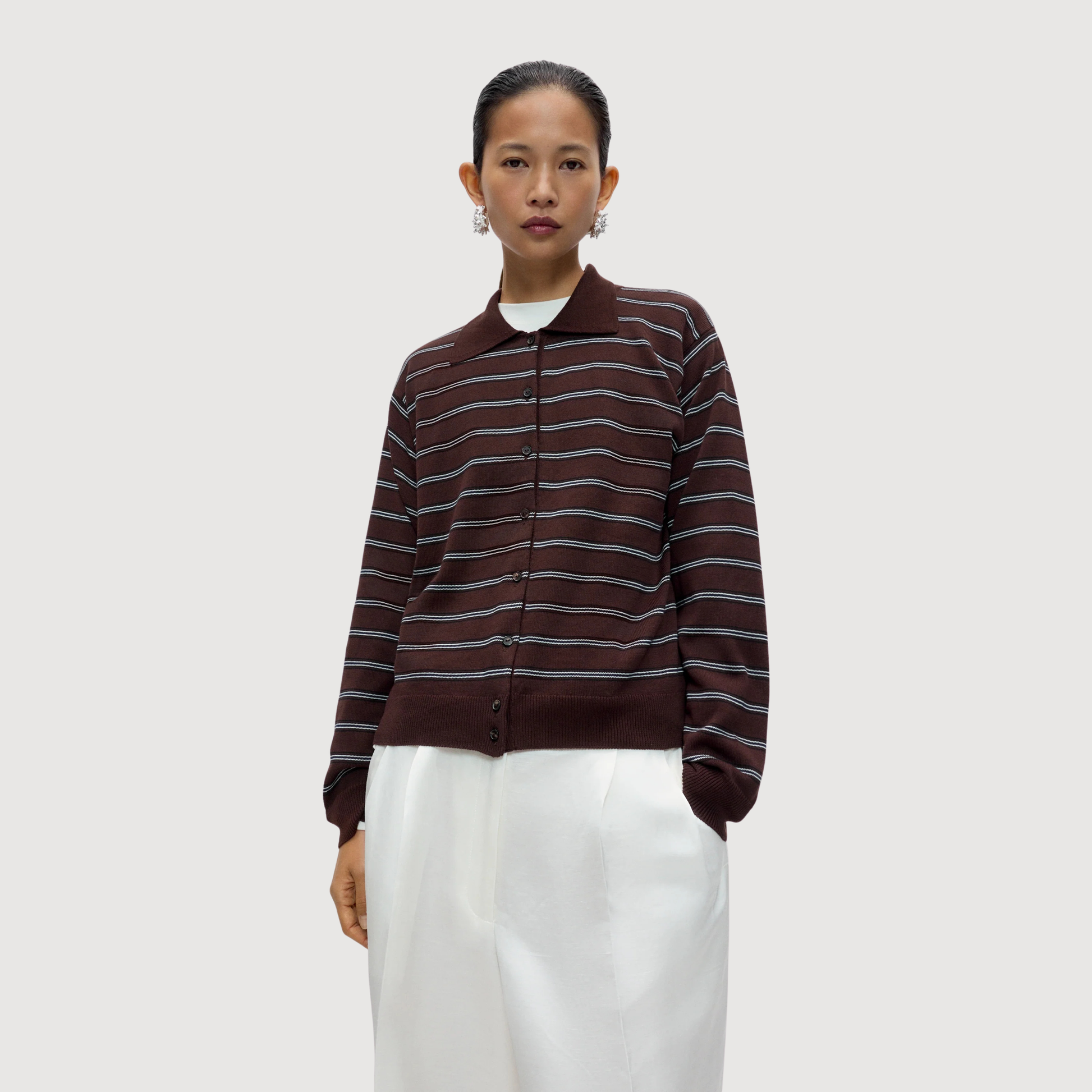 CORDERA - Organic cotton striped polo cardigan brown