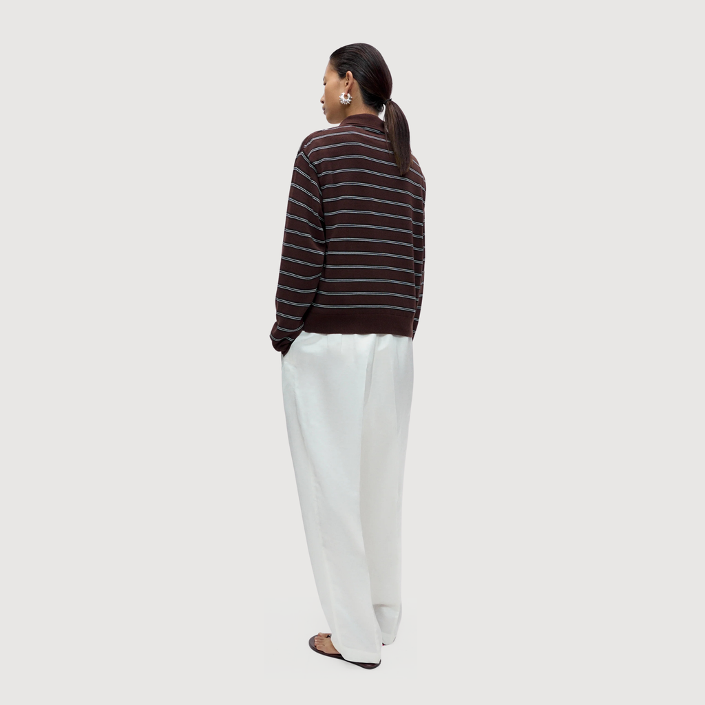 CORDERA - Organic cotton striped polo cardigan brown