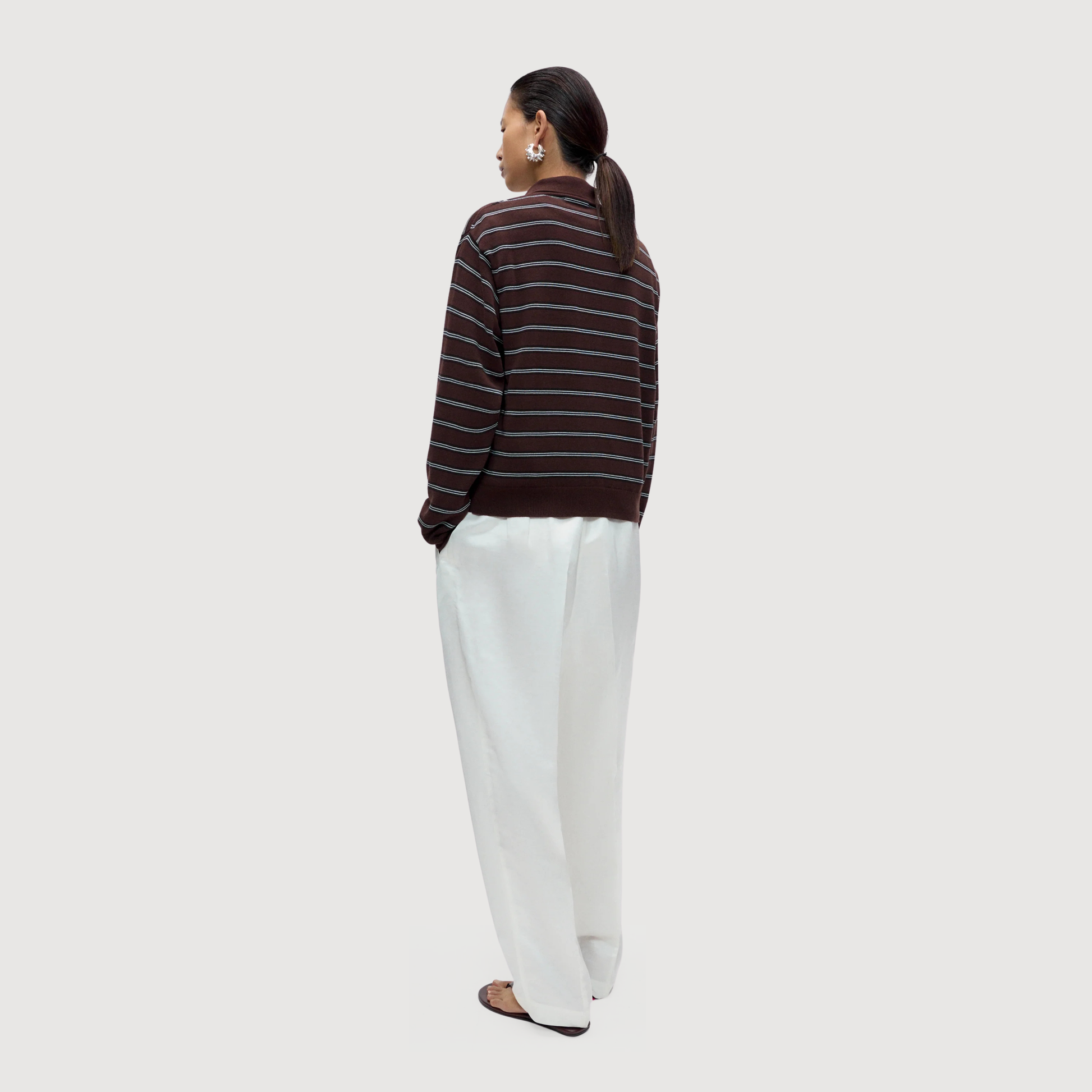 CORDERA - Organic cotton striped polo cardigan brown