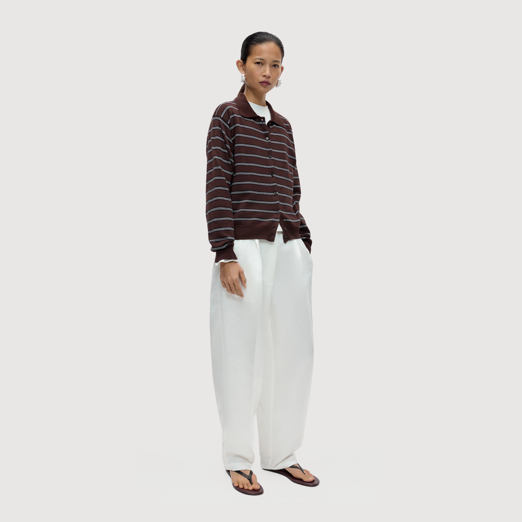 CORDERA - Organic cotton striped polo cardigan brown